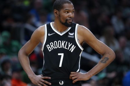 Brooklyn Nets forward Kevin Durant (7) against the Boston Celtics during second quarter NBA action. The Boston Celtics host the Brooklyn Nets during an NBA game at TD Garden in Boston on March 6, 2022.