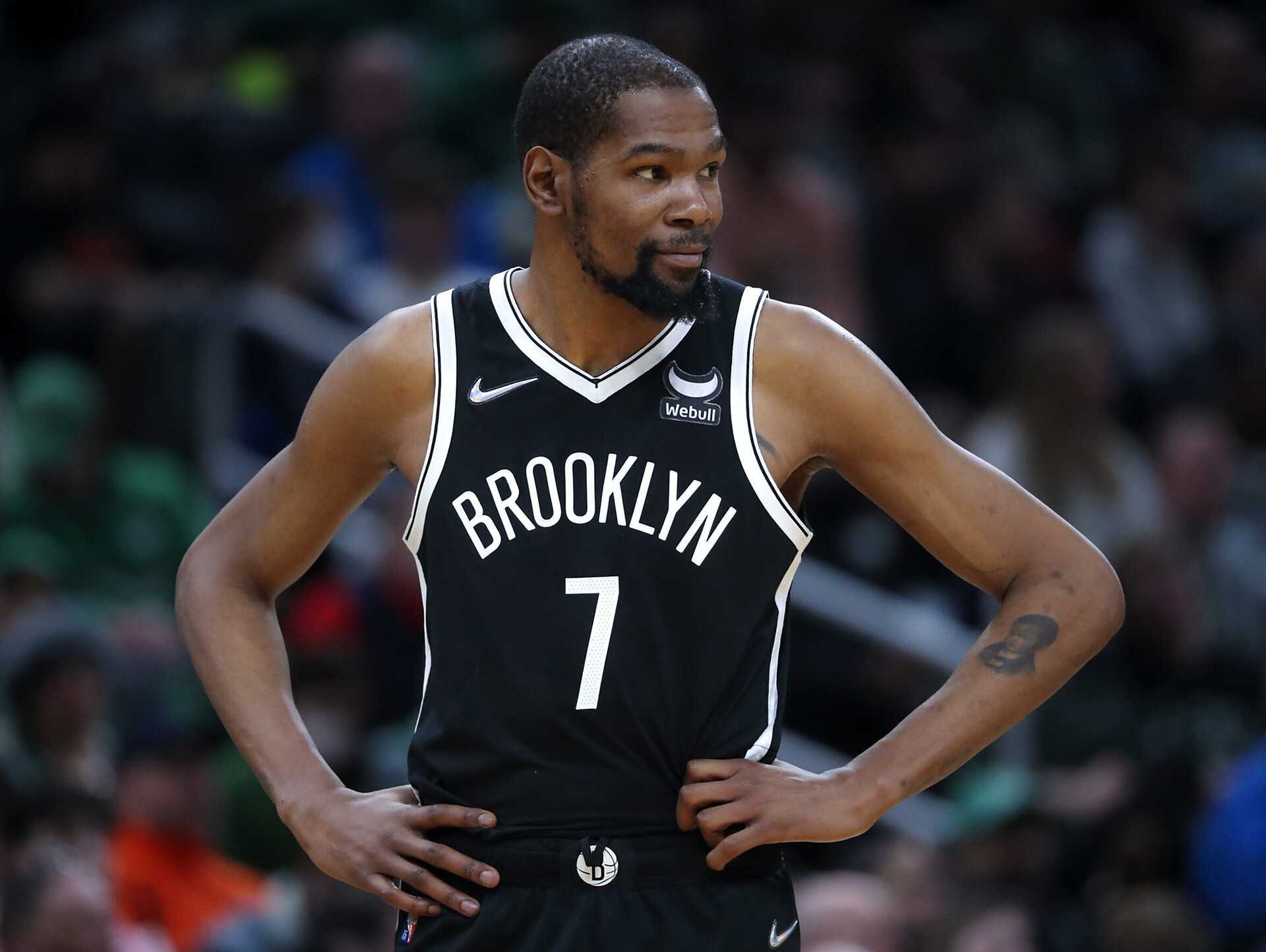 Brooklyn Nets forward Kevin Durant (7) against the Boston Celtics during second quarter NBA action. The Boston Celtics host the Brooklyn Nets during an NBA game at TD Garden in Boston on March 6, 2022.
