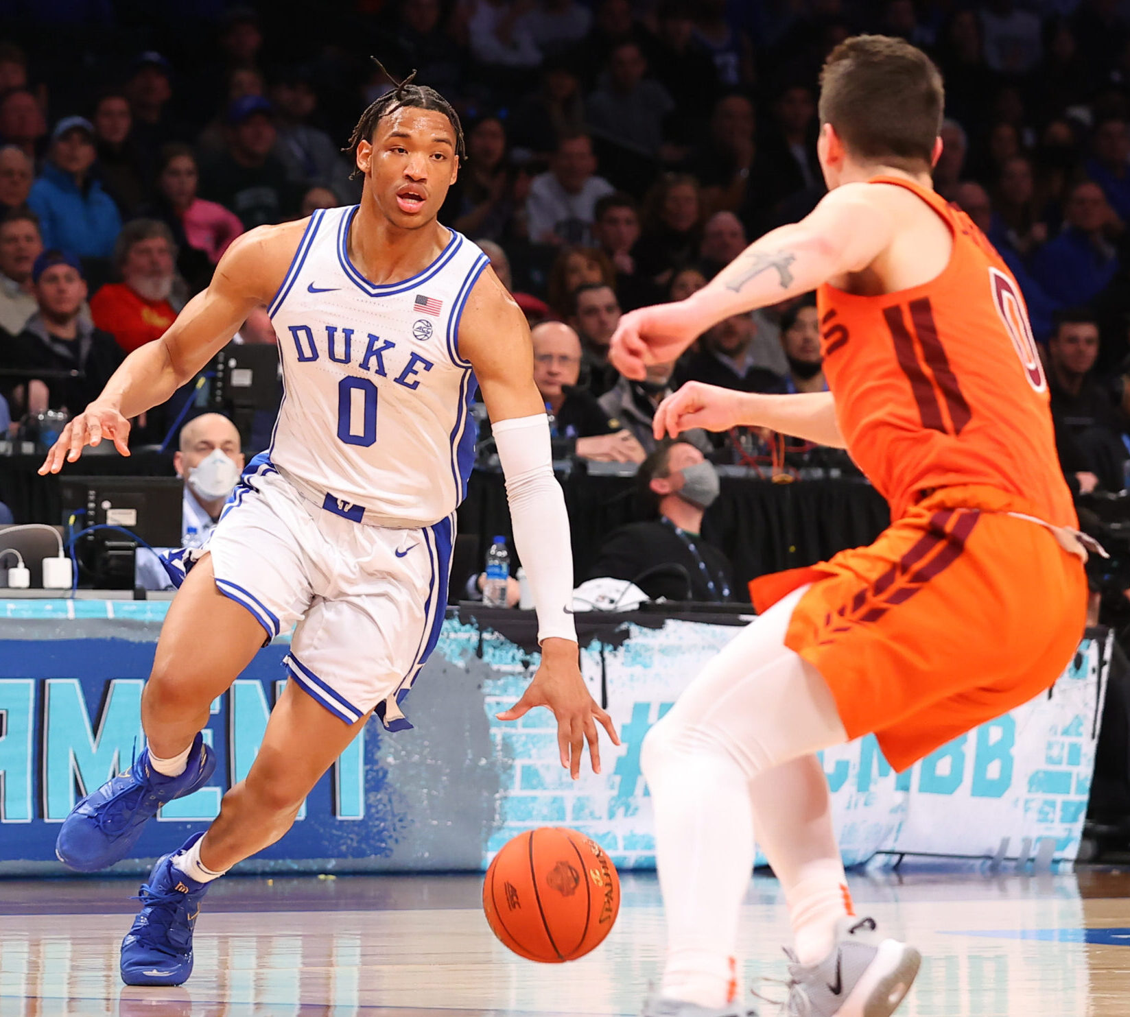 Duke Blue Devils forward Wendell Moore Jr. (0) dribbles upcourt during the first half of the ACC Tournament final college basketball game between the Duke Blue Devils and the Virginia Tech Hokies o h 12, 2022 at the Barclays Center in Brooklyn, New York