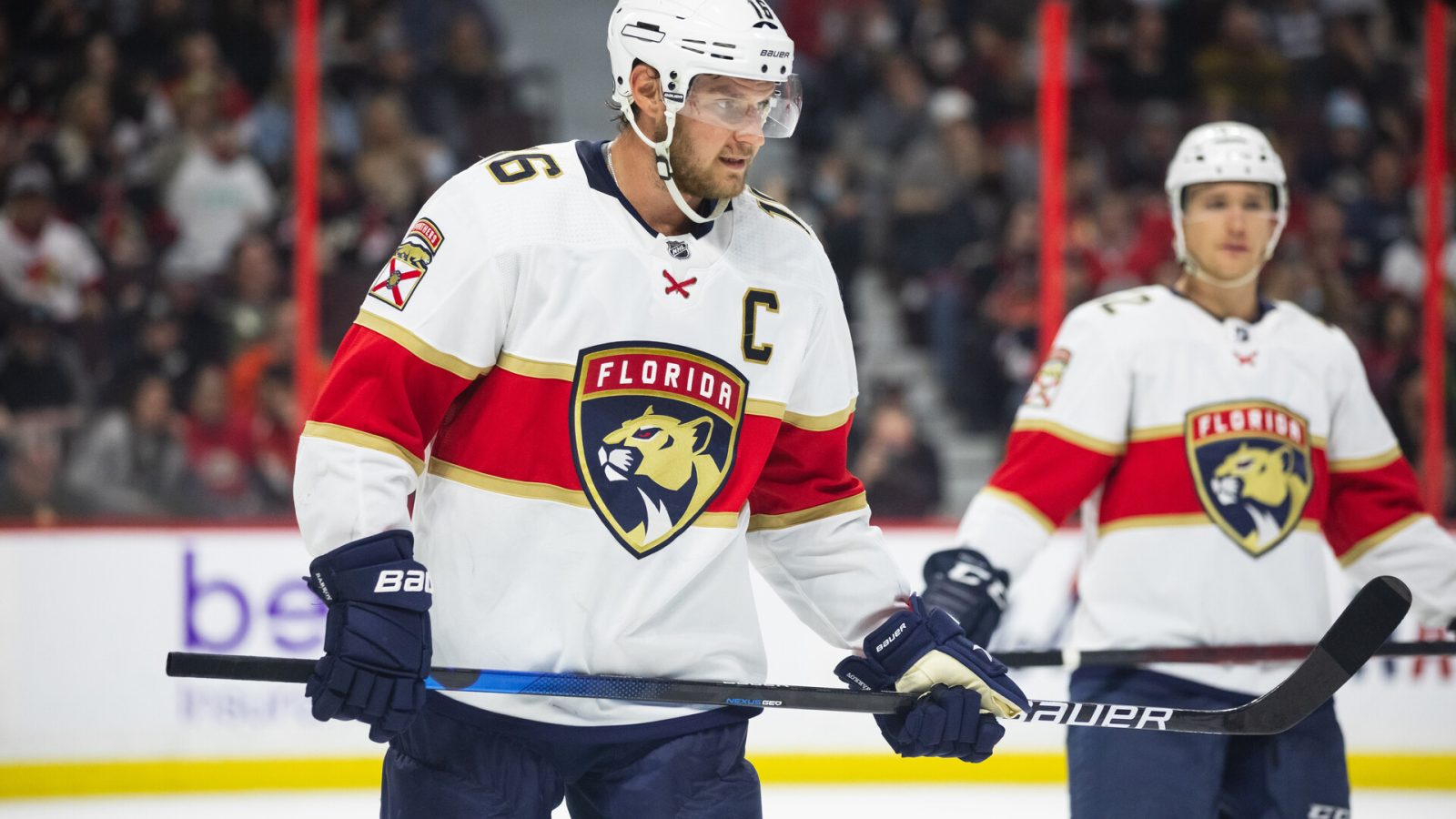 Florida Panthers Center Aleksander Barkov (16) before a face-off during overtime National Hockey League action between the Florida Panthers and Ottawa Senators on March 26, 2022, at Canadian Tire Centre in Ottawa, ON, Canada.