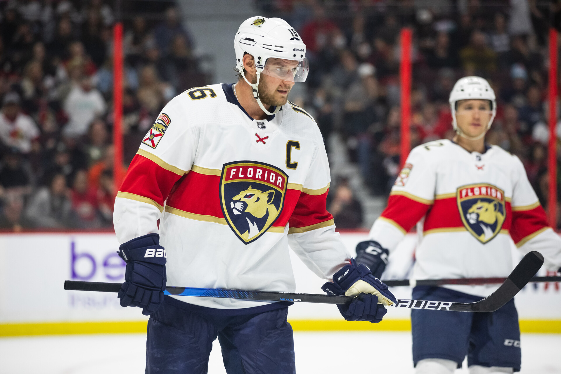 Florida Panthers Center Aleksander Barkov (16) before a face-off during overtime National Hockey League action between the Florida Panthers and Ottawa Senators on March 26, 2022, at Canadian Tire Centre in Ottawa, ON, Canada.