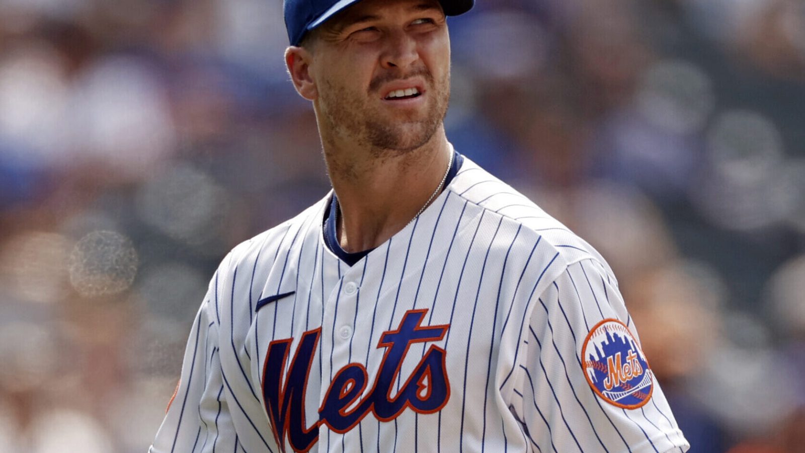 Jacob deGrom #48 of the New York Mets reacts walking to the dugout in the fifth inning against the Milwaukee Brewers during game one of a doubleheader at Citi Field on July 7, 2021 in the Flushing neighborhood of the Queens borough of New York City. The Mets won 4-3.