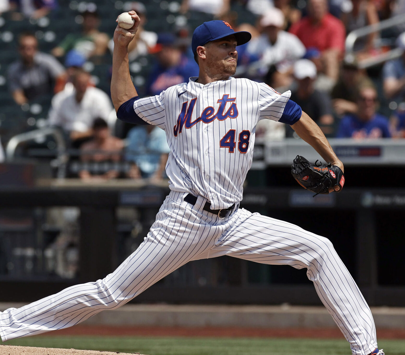 Jacob deGrom #48 of the New York Mets pitches in the second inning against the Milwaukee Brewers during game one of a doubleheader at Citi Field on July 7, 2021