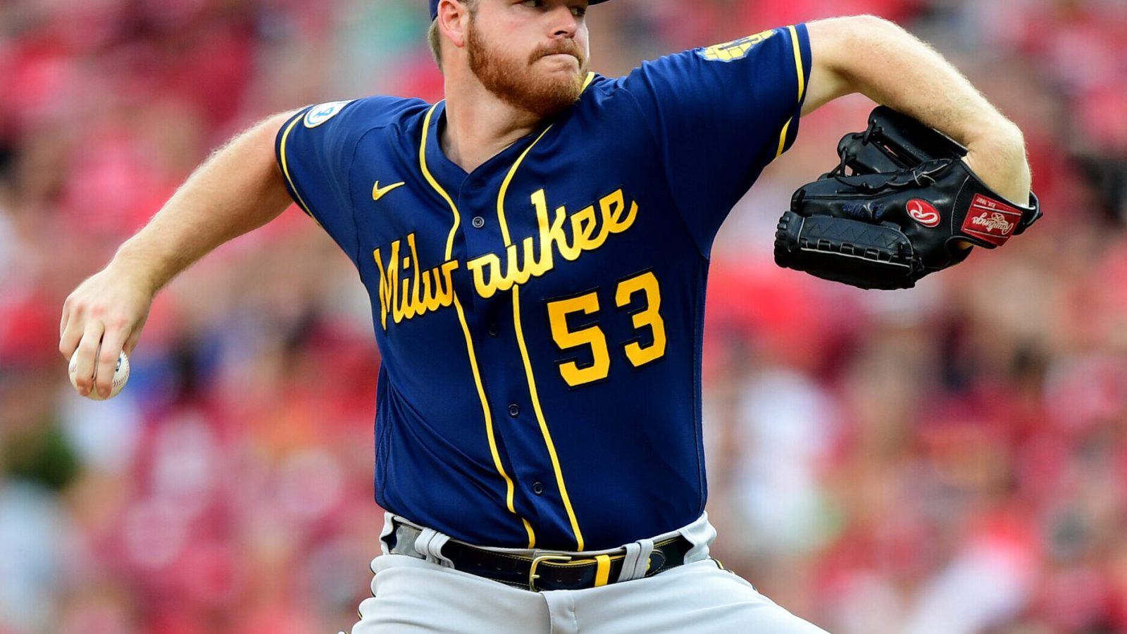 Brandon Woodruff #53 of the Milwaukee Brewers pitches during a game between the Cincinnati Reds and Milwaukee Brewers at Great American Ball Park on July 17, 2021 in Cincinnati, Ohio.