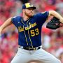 Brandon Woodruff #53 of the Milwaukee Brewers pitches during a game between the Cincinnati Reds and Milwaukee Brewers at Great American Ball Park on July 17, 2021 in Cincinnati, Ohio.