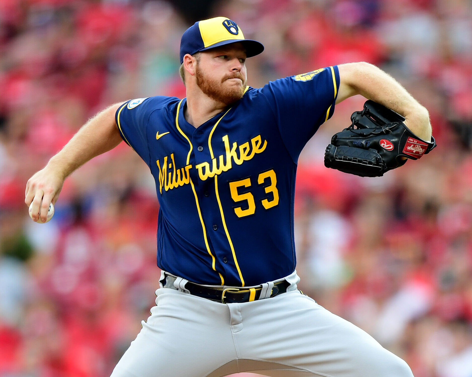 Brandon Woodruff #53 of the Milwaukee Brewers pitches during a game between the Cincinnati Reds and Milwaukee Brewers at Great American Ball Park on July 17, 2021 in Cincinnati, Ohio.