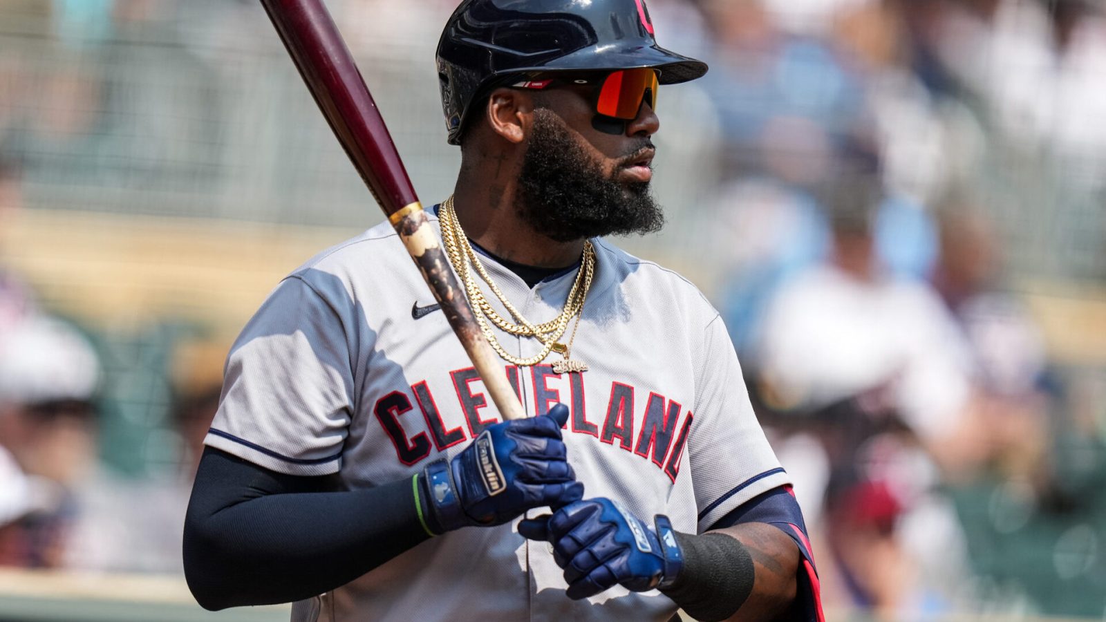 Franmil Reyes #32 of the Cleveland Indians looks on against the Minnesota Twins on August 18, 2021 at Target Field in Minneapolis, Minnesota.