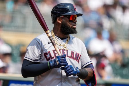 Franmil Reyes #32 of the Cleveland Indians looks on against the Minnesota Twins on August 18, 2021 at Target Field in Minneapolis, Minnesota.