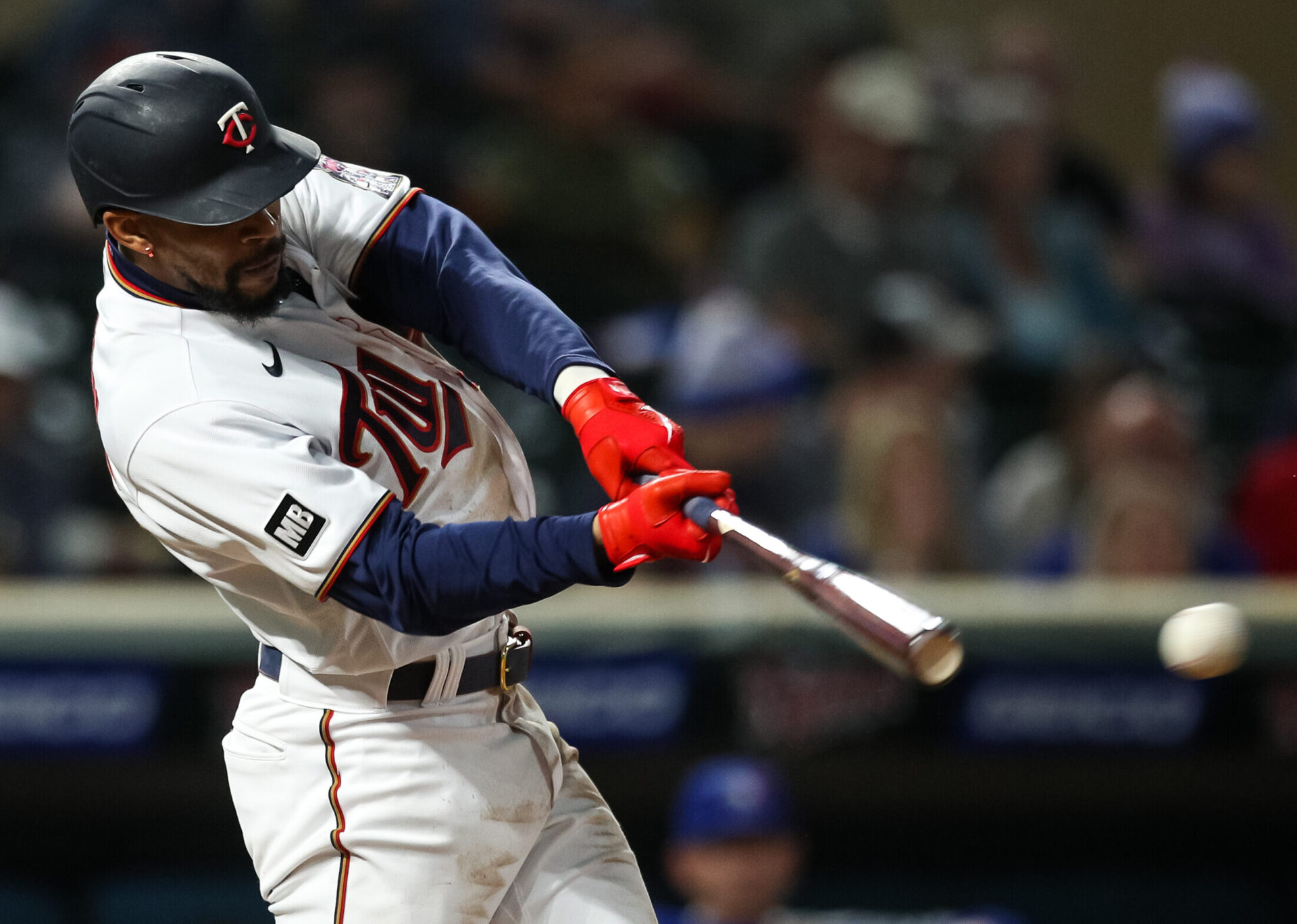 Byron Buxton #25 of the Minnesota Twins hits a double against the Toronto Blue Jays in the third inning of the game at Target Field on September 23, 2021 in Minneapolis, Minnesota. The Twins defeated the Blue Jays 7-2.