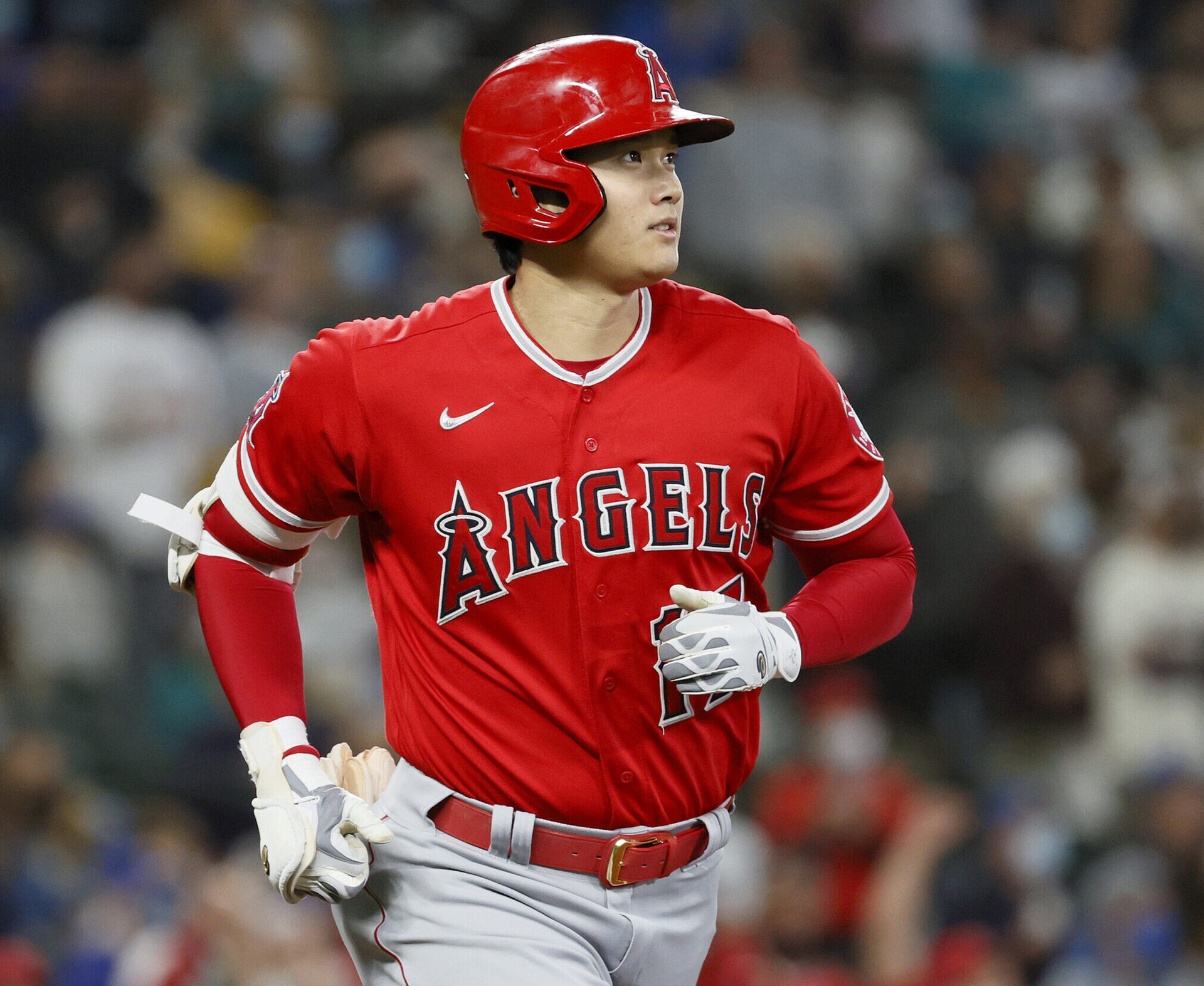 Shohei Ohtani #17 of the Los Angeles Angels watches his home run against the Seattle Mariners during the first inning at T-Mobile Park on October 03, 2021