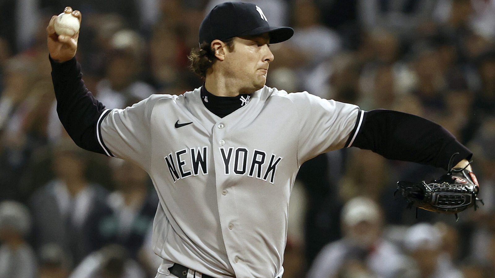 Gerrit Cole #45 of the New York Yankees pitches against the Boston Red Sox during the first inning of the American League Wild Card game at Fenway Park on October 05, 2021 in Boston, Massachusetts