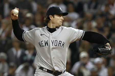 Gerrit Cole #45 of the New York Yankees pitches against the Boston Red Sox during the first inning of the American League Wild Card game at Fenway Park on October 05, 2021 in Boston, Massachusetts
