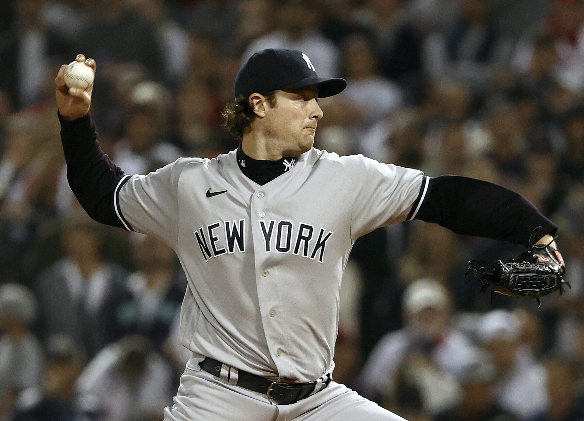 Gerrit Cole #45 of the New York Yankees pitches against the Boston Red Sox during the first inning of the American League Wild Card game at Fenway Park on October 05, 2021 in Boston, Massachusetts