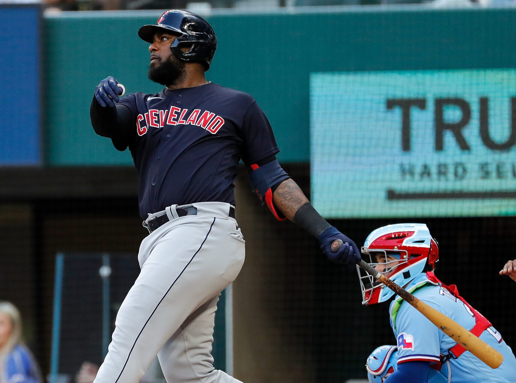 Franmil Reyes #32 of the Cleveland Indians flies out in the seventh inning against the Texas Rangers at Globe Life Field on October 03, 2021 in Arlington, Texas.