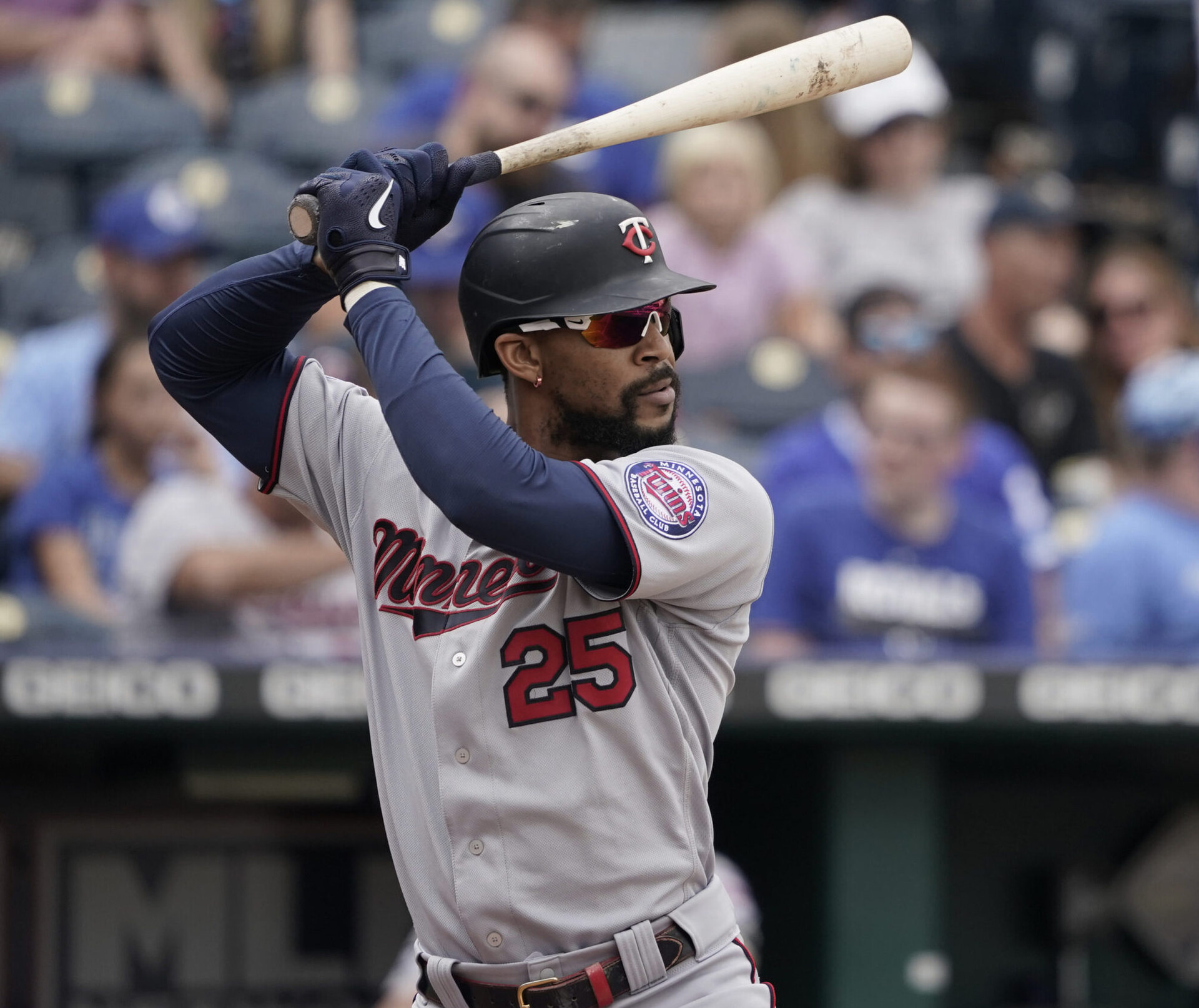 Byron Buxton #25 of the Minnesota Twins bats in the fifth inning against the Kansas City Royals at Kauffman Stadium on November 3, 2021, in Kansas City, Missouri.