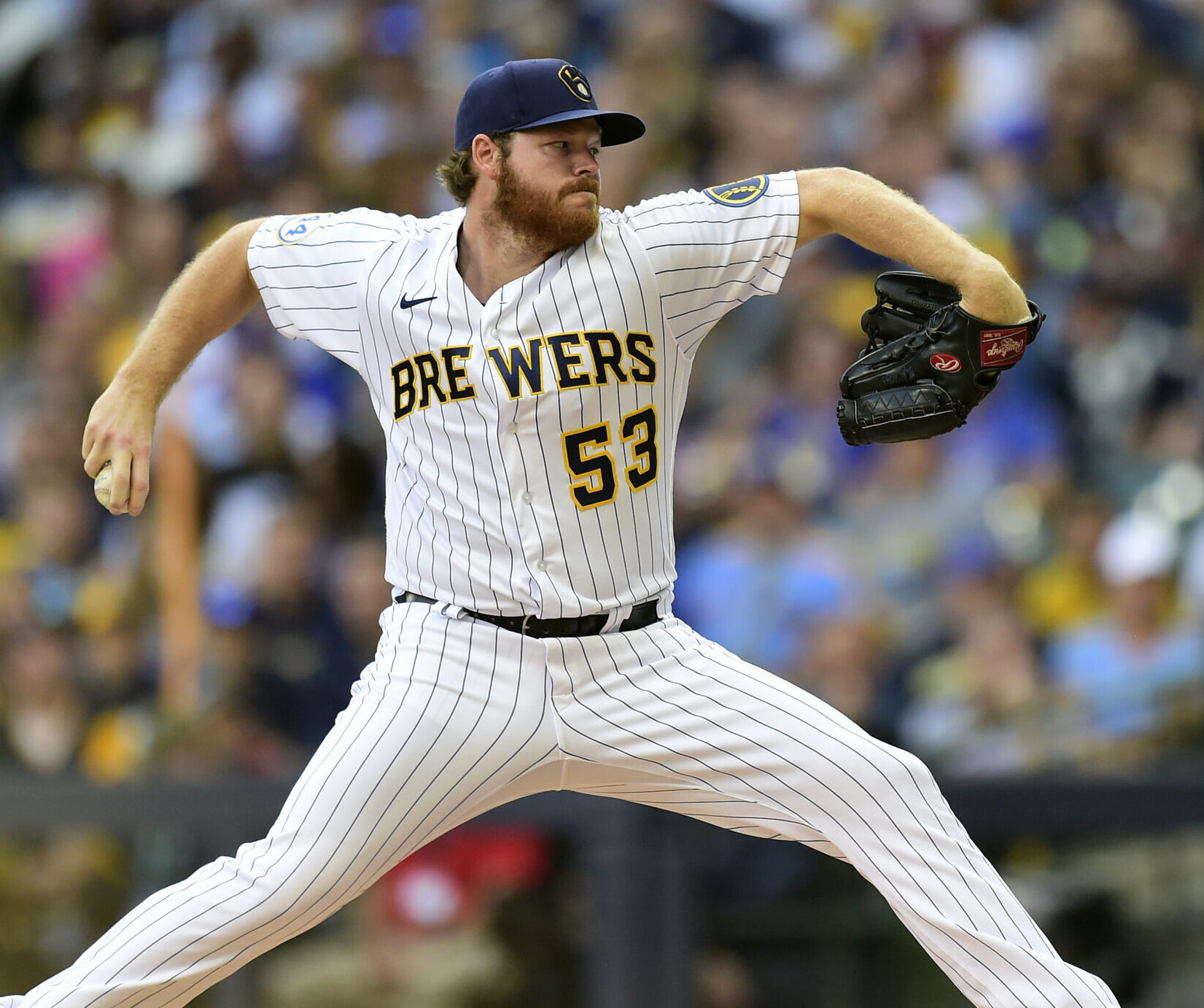 Brandon Woodruff #53 of the Milwaukee Brewers pitches in the first inning during game 2 of the National League Division Series against the Atlanta Braves at American Family Field on October 09, 2021 in Milwaukee, Wisconsin.