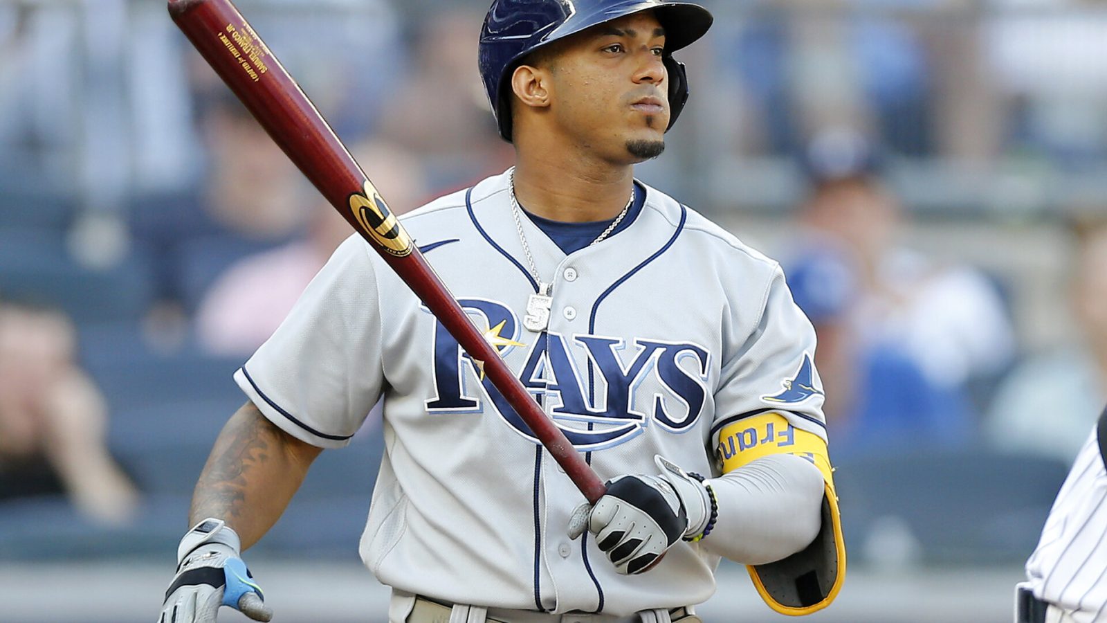 Wander Franco #5 of the Tampa Bay Rays in action against the New York Yankees at Yankee Stadium on October 02, 2021 in New York City. The Rays defeated the Yankees 12-2.