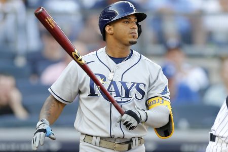 Wander Franco #5 of the Tampa Bay Rays in action against the New York Yankees at Yankee Stadium on October 02, 2021 in New York City. The Rays defeated the Yankees 12-2.