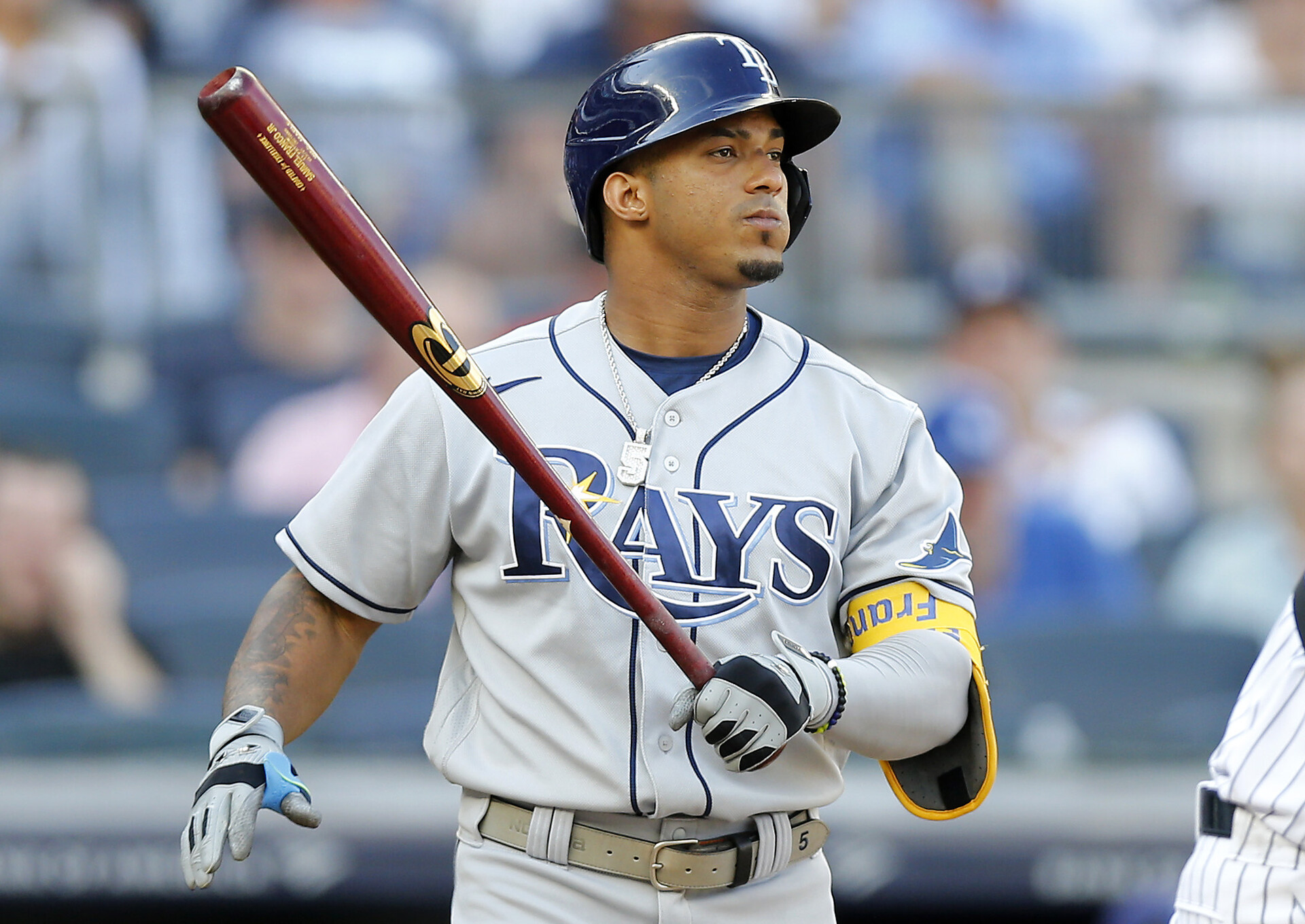 Wander Franco #5 of the Tampa Bay Rays in action against the New York Yankees at Yankee Stadium on October 02, 2021 in New York City. The Rays defeated the Yankees 12-2.