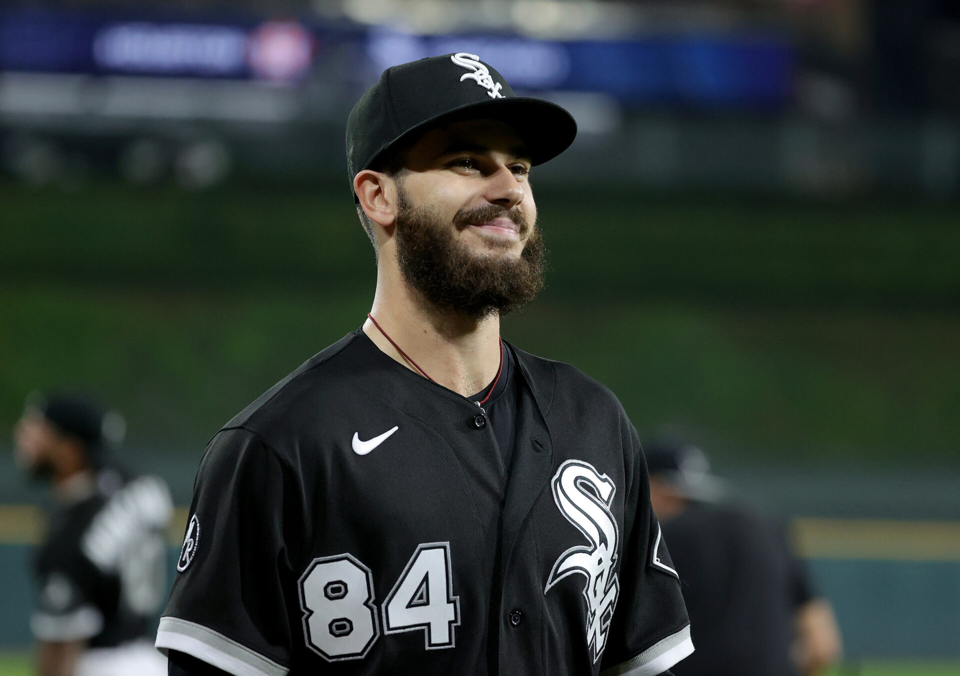 Dylan Cease #84 of the Chicago White Sox on the field prior to game 3 of the American League Division Series against the Houston Astros at Guaranteed Rate Field on October 10, 2021 in Chicago, Illinois