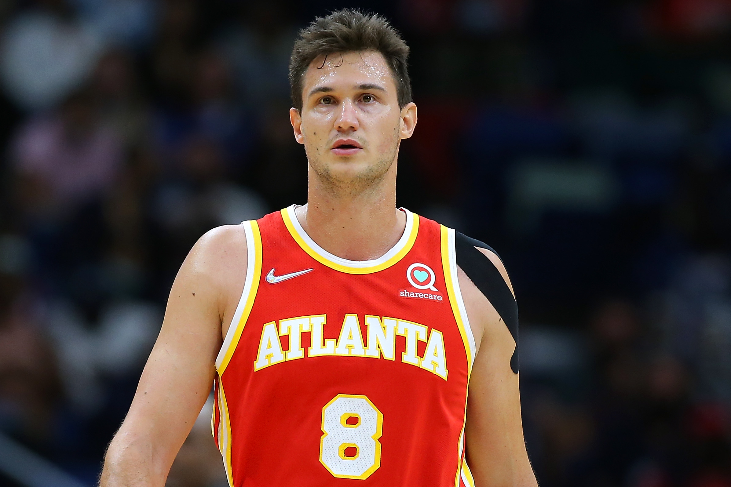 Danilo Gallinari #8 of the Atlanta Hawks reacts against the New Orleans Pelicans during the second half at the Smoothie King Center on October 27, 2021 in New Orleans, Louisiana.