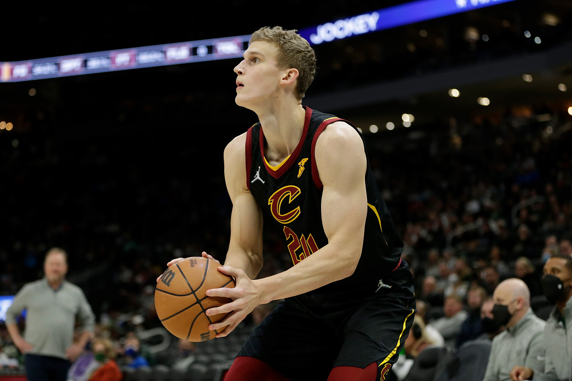 Lauri Markkanen #24 of the Cleveland Cavaliers shoots a jump shot during the game against the Milwaukee Bucks at Fiserv Forum on December 18, 2021 in Milwaukee, Wisconsin. Cavaliers defeated the Bucks 119-90.