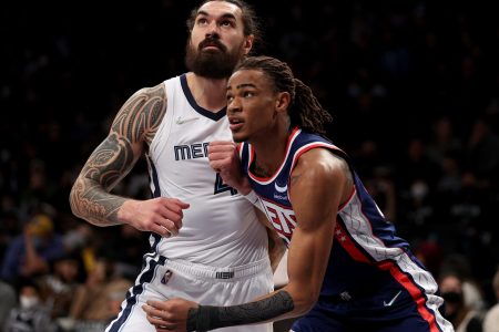 Steven Adams #4 of the Memphis Grizzlies and Nic Claxton #33 of the Brooklyn Nets fight for position during a free throw in the first half at Barclays Center on January 03, 2022 in the Brooklyn borough of New York City.