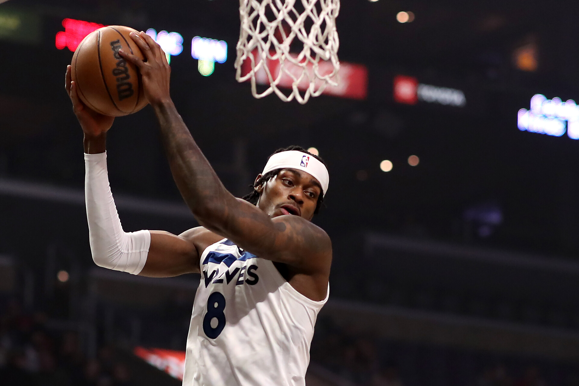 Jarred Vanderbilt #8 of the Minnesota Timberwolves grabs the rebound during the first quarter against the Los Angeles Clippers at Crypto.com Arena on January 03, 2022 in Los Angeles, California.