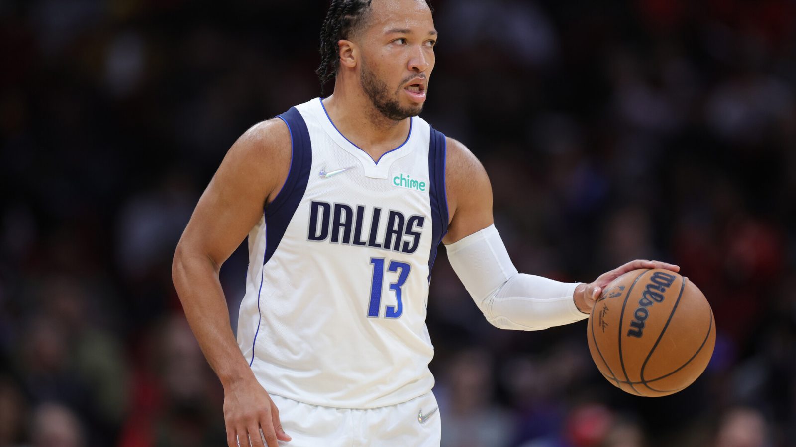 Jalen Brunson #13 of the Dallas Mavericks controls the ball during the second half against the Houston Rockets at Toyota Center on January 07, 2022 in Houston, Texas.
