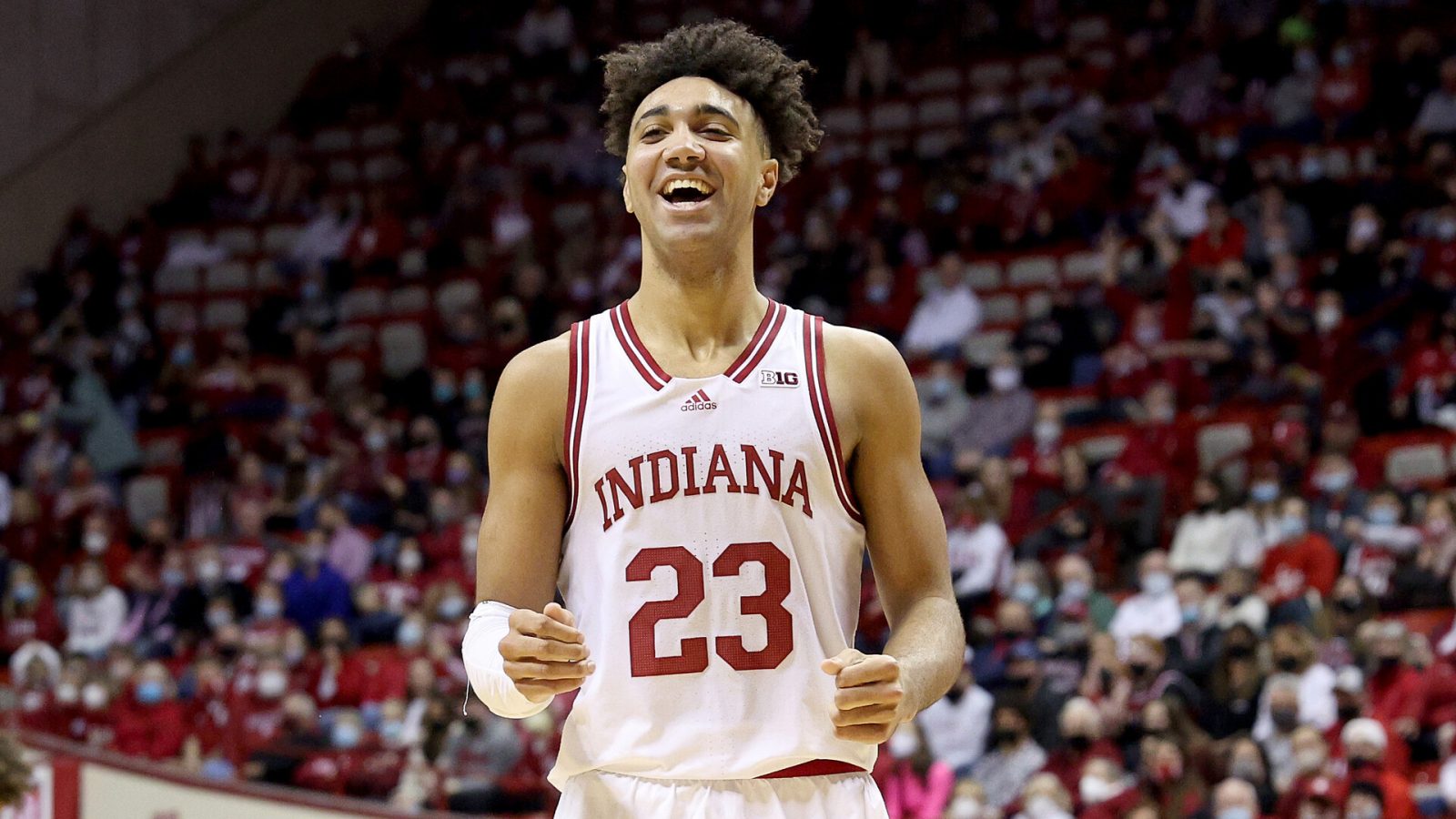 Trayce Jackson-Davis #23 of the Indiana Hoosiers reacts during the game against the Minnesota Golden Gophers at Simon Skjodt Assembly Hall on January 09, 2022 in Bloomington, Indiana.