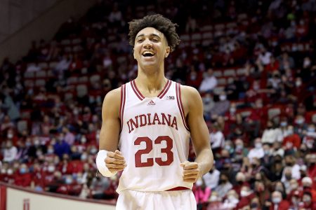 Trayce Jackson-Davis #23 of the Indiana Hoosiers reacts during the game against the Minnesota Golden Gophers at Simon Skjodt Assembly Hall on January 09, 2022 in Bloomington, Indiana.
