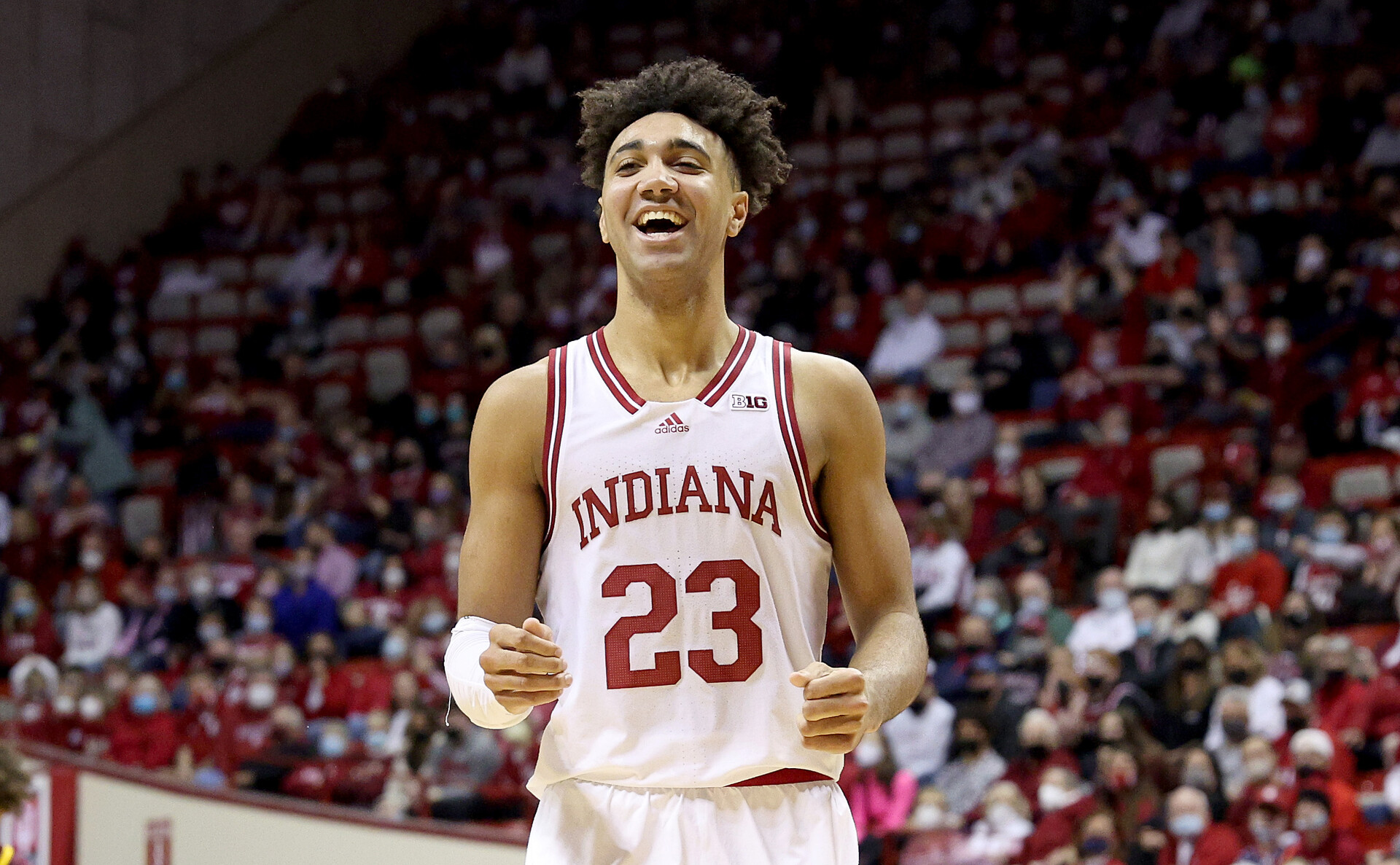 Trayce Jackson-Davis #23 of the Indiana Hoosiers reacts during the game against the Minnesota Golden Gophers at Simon Skjodt Assembly Hall on January 09, 2022 in Bloomington, Indiana.