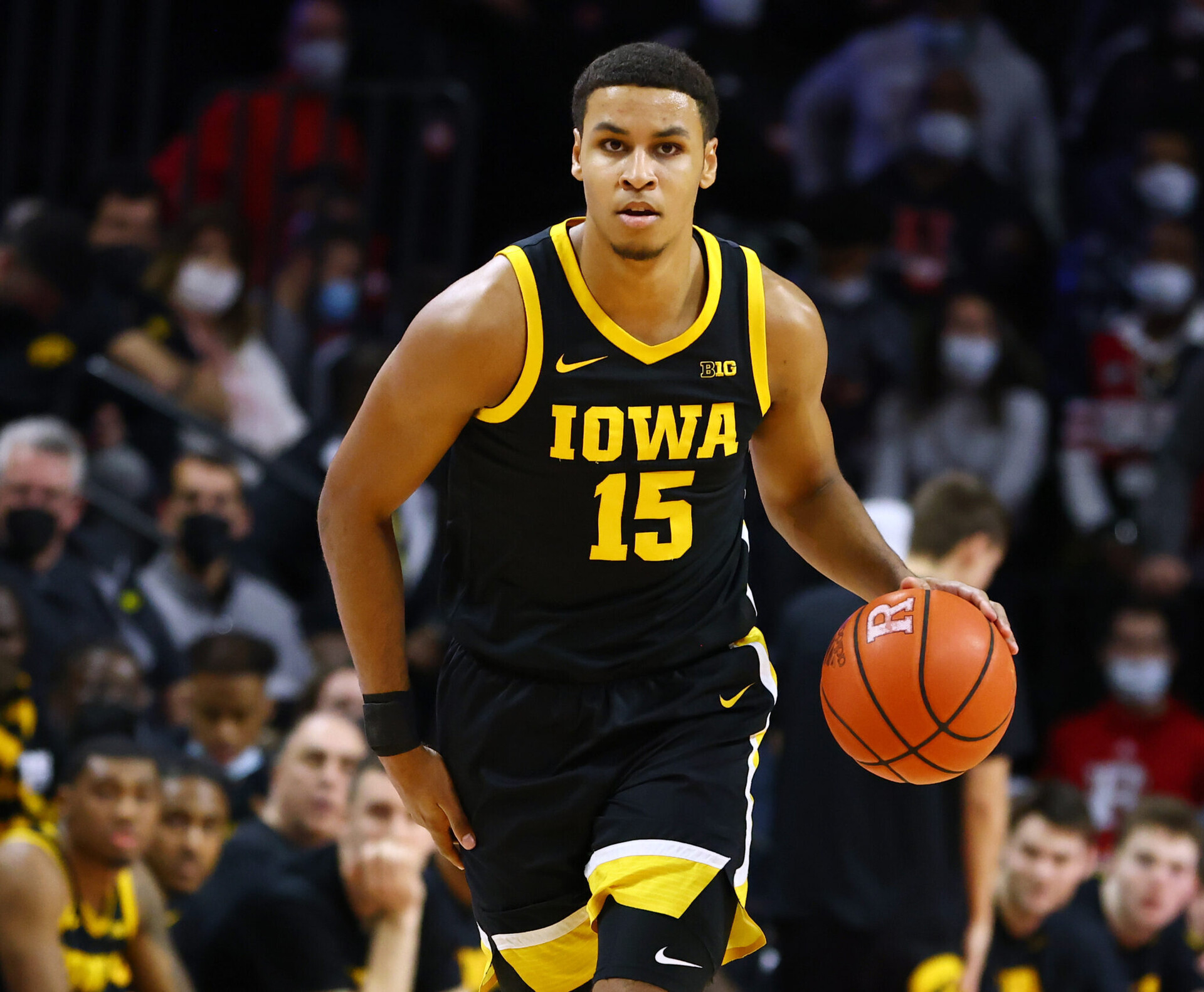 Keegan Murray #15 of the Iowa Hawkeyes in action against the Rutgers Scarlet Knights during a game at Jersey Mike's Arena on January 19, 2022 in Piscataway, New Jersey. Rutgers defeated Iowa 48-46.