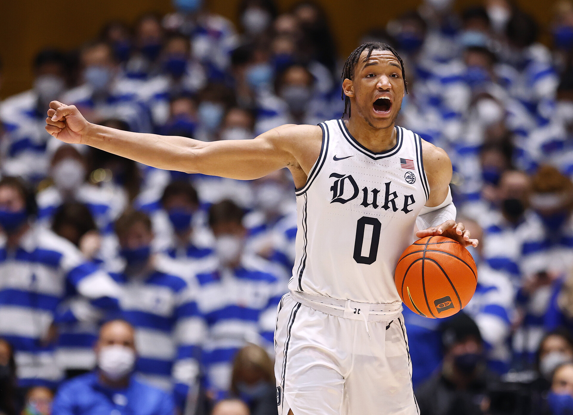 Wendell Moore Jr. #0 of the Duke Blue Devils sets the offense during the second half of their game against the Syracuse Orange at Cameron Indoor Stadium on January 22, 2022 in Durham, North Carolina. Duke won 79-59.