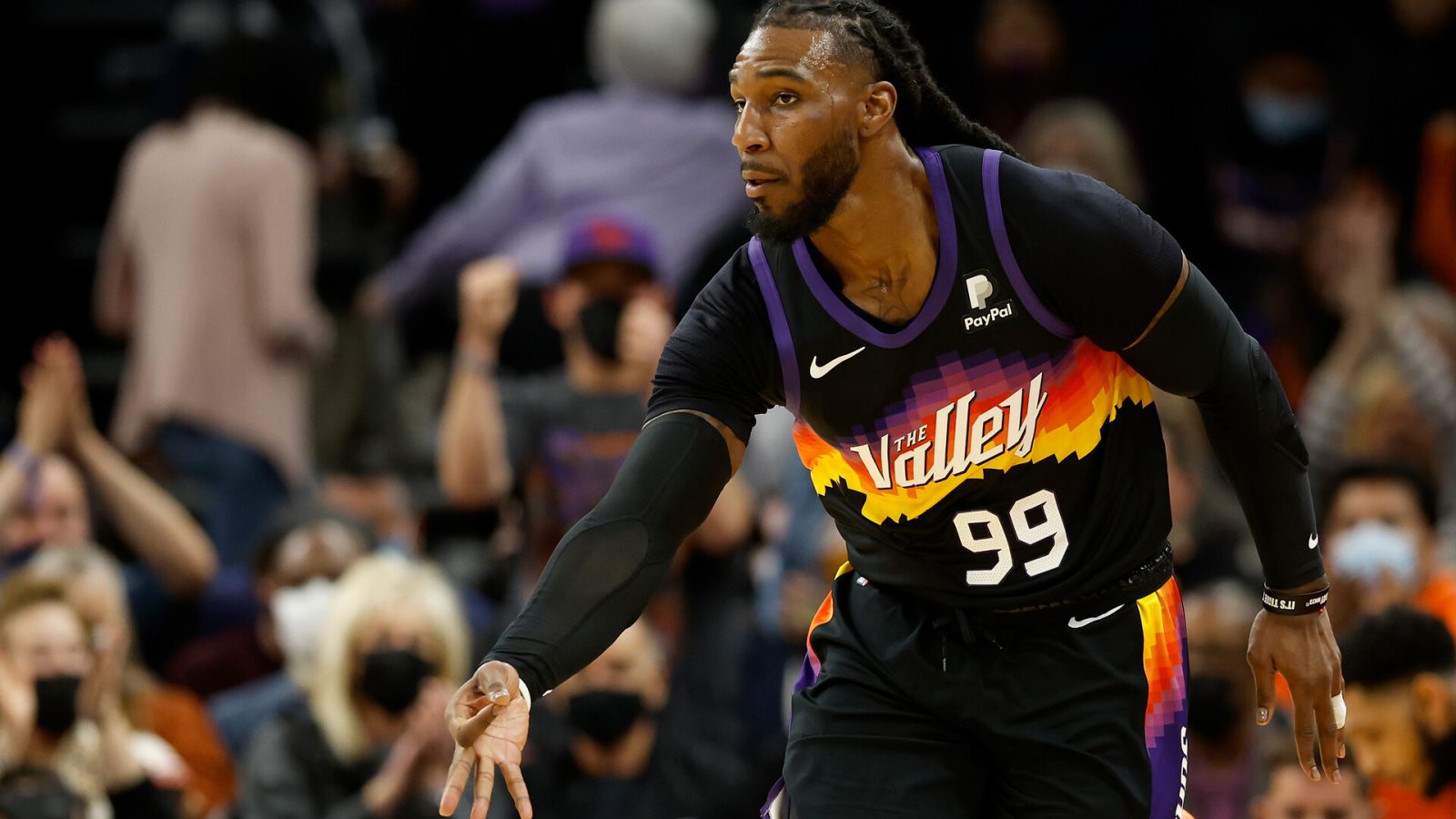 Jae Crowder #99 of the Phoenix Suns reacts to a three-point shot against the Indiana Pacers during the first half of the NBA game at Footprint Center on January 22, 2022 in Phoenix, Arizona.