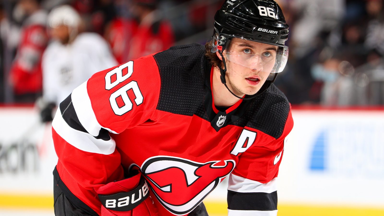 Jack Hughes #86 of the New Jersey Devils warms up prior to the National Hockey League game between the New Jersey Devils and the Los Angeles Kings on January 23, 2022 at the Prudential Center in Newark, New Jersey.
