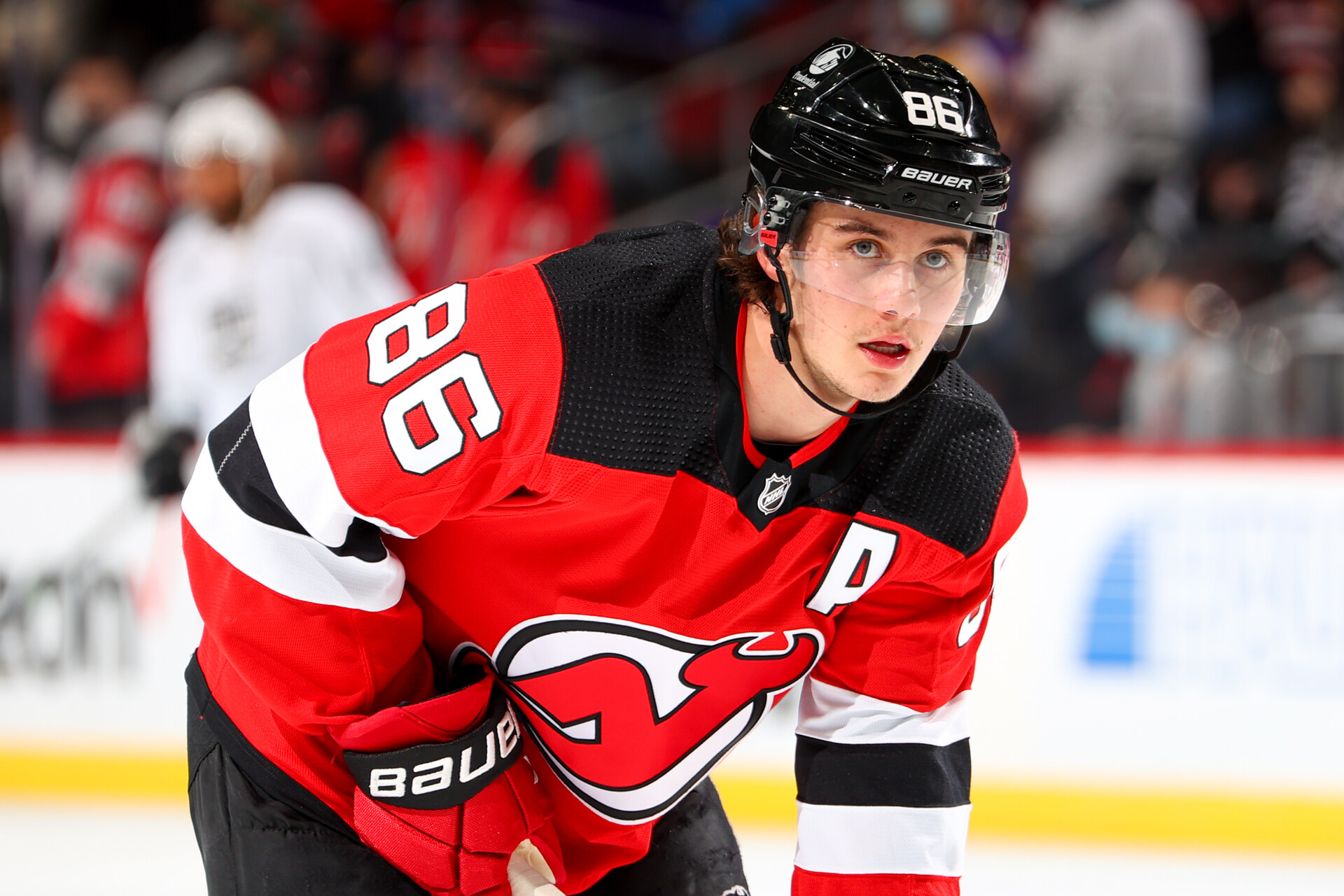 Jack Hughes #86 of the New Jersey Devils warms up prior to the National Hockey League game between the New Jersey Devils and the Los Angeles Kings on January 23, 2022 at the Prudential Center in Newark, New Jersey.