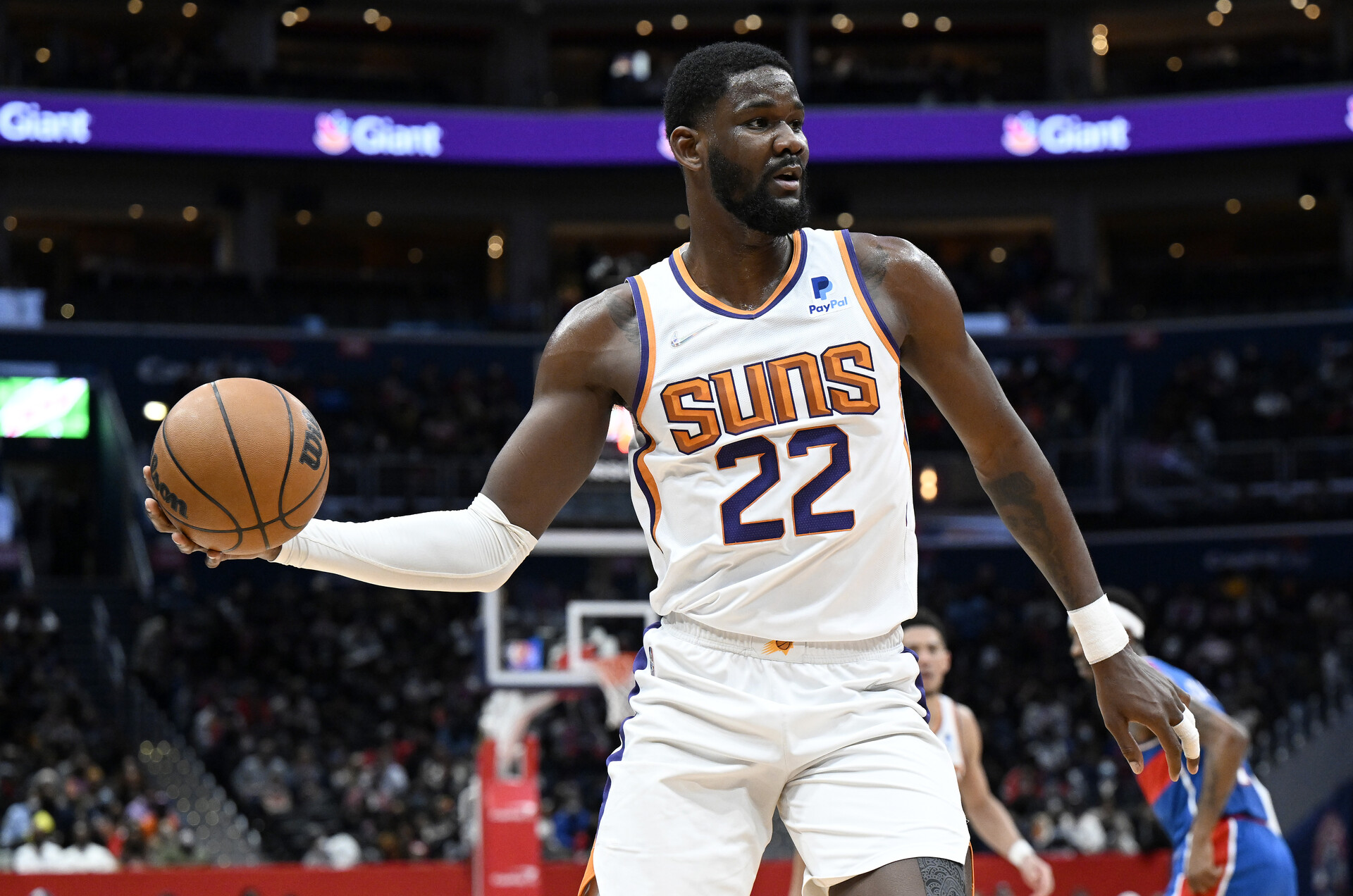 Deandre Ayton #22 of the Phoenix Suns handles the ball in the third quarter against the Washington Wizards at Capital One Arena on February 05, 2022 in Washington, DC.