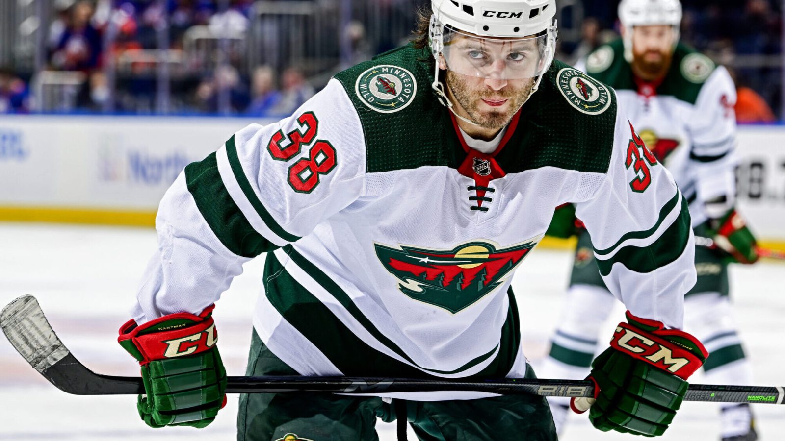 Ryan Hartman #38 of the Minnesota Wild looks on against the New York Islanders at UBS Arena on January 30, 2022 in Elmont, New York.