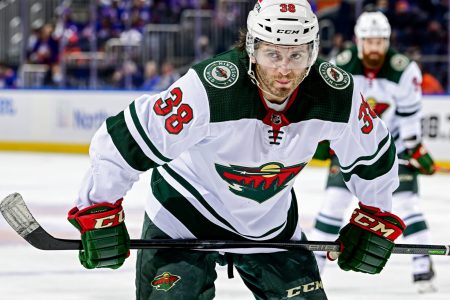 Ryan Hartman #38 of the Minnesota Wild looks on against the New York Islanders at UBS Arena on January 30, 2022 in Elmont, New York.