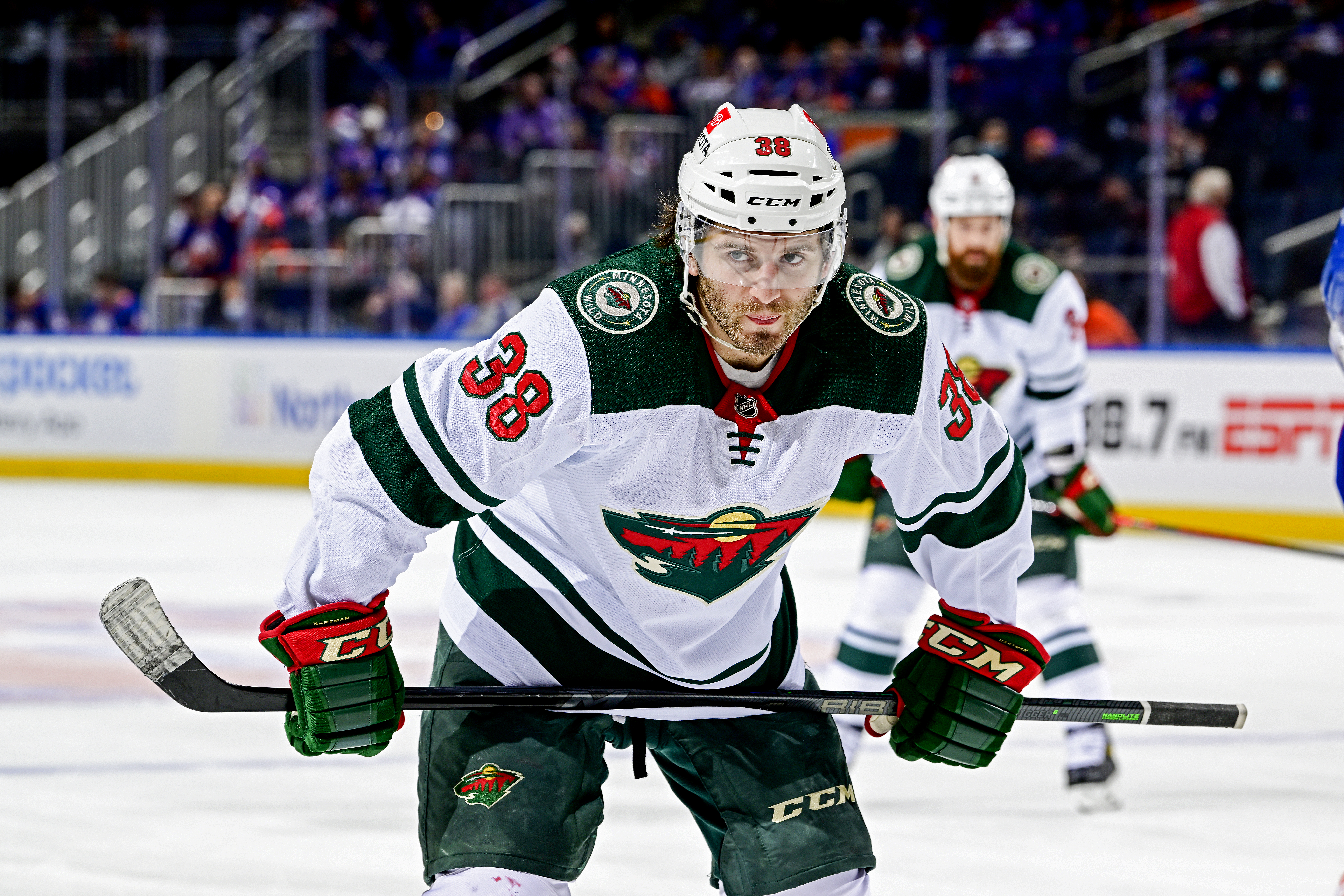 Ryan Hartman #38 of the Minnesota Wild looks on against the New York Islanders at UBS Arena on January 30, 2022 in Elmont, New York.