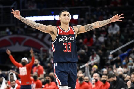 Kyle Kuzma #33 of the Washington Wizards celebrates during the game against the Brooklyn Nets at Capital One Arena on February 10, 2022 in Washington, DC.