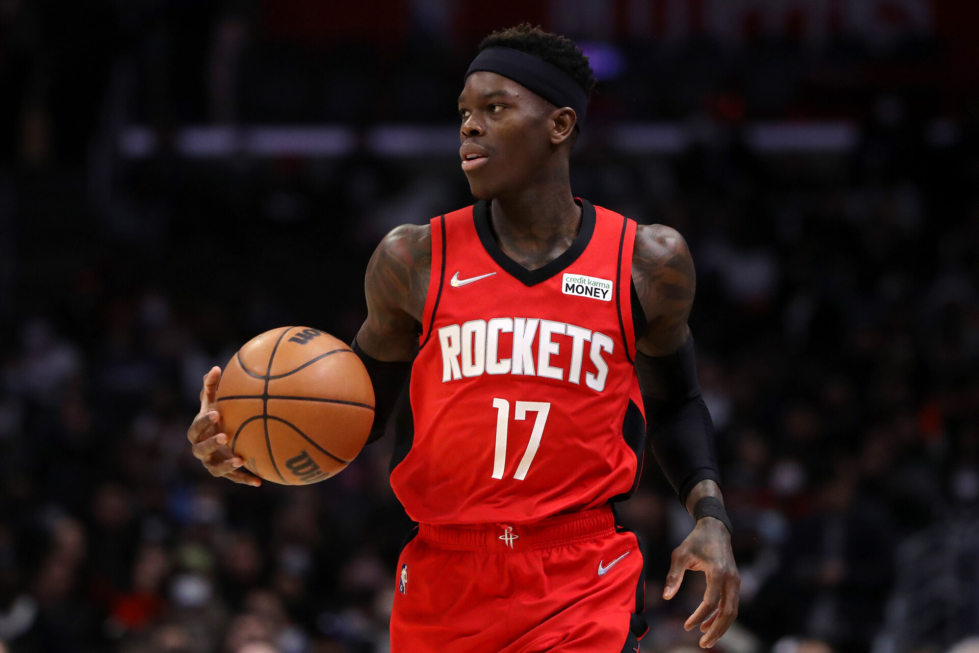 Dennis Schroder #17 of the Houston Rockets brings the ball up court during the third quarter against the Los Angeles Clippers at Crypto.com Arena