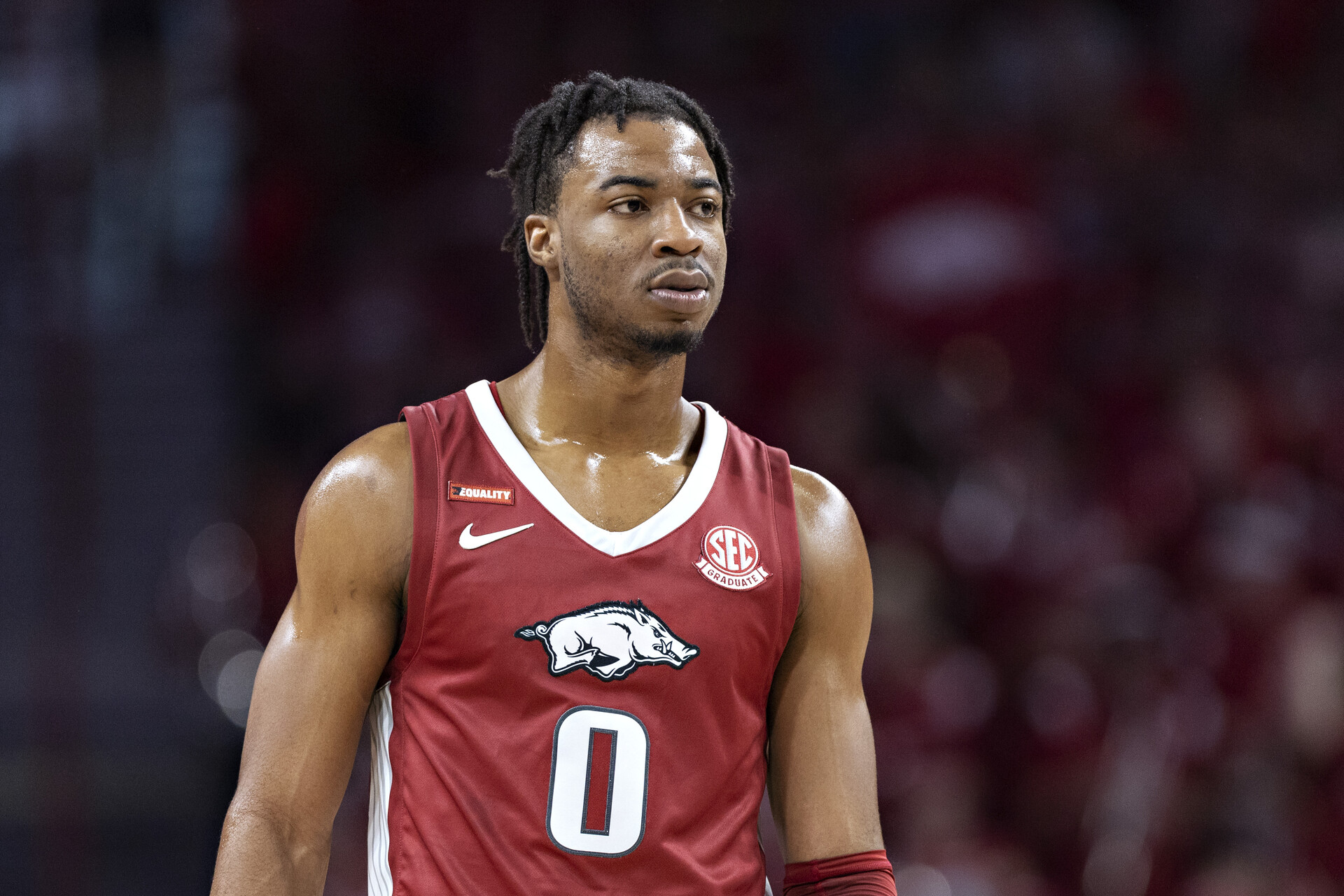 Stanley Umude #0 of the Arkansas Razorbacks walks down the court during a game against the Tennessee Volunteers at Bud Walton Arena on February 19, 2022 in Fayetteville, Arkansas. The Razorbacks defeated the Tigers 58-48.
