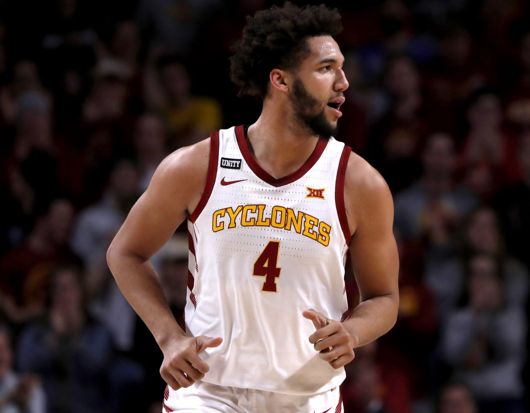 George Conditt IV #4 of the Iowa State Cyclones runs down court in the second half of play at Hilton Coliseum on February 23, 2022 in Ames, Iowa. The Iowa State Cyclones won 84-81 over the West Virginia Mountaineers.