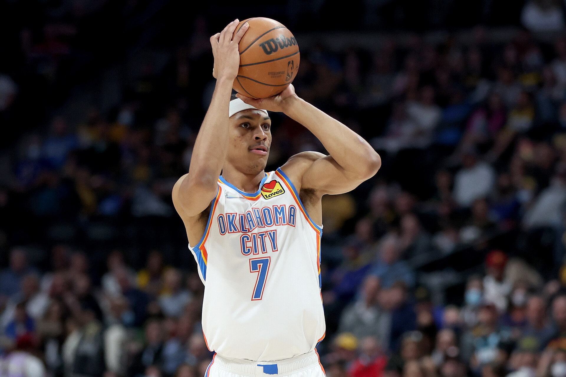 Darius Bazley #7of the Oklahoma City Thunder puts up a shot against the Denver Nuggets in the first quarter at Ball Arena on March 02, 2022 in Denver, Colorado.