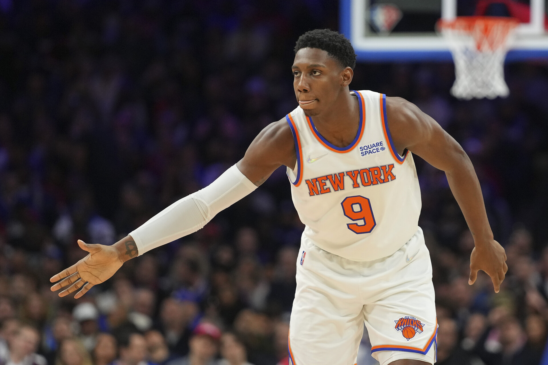 RJ Barrett #9 of the New York Knicks reacts against the Philadelphia 76ers at the Wells Fargo Center on March 2, 2022 in Philadelphia, Pennsylvania. The 76ers defeated the Knicks 123-108.