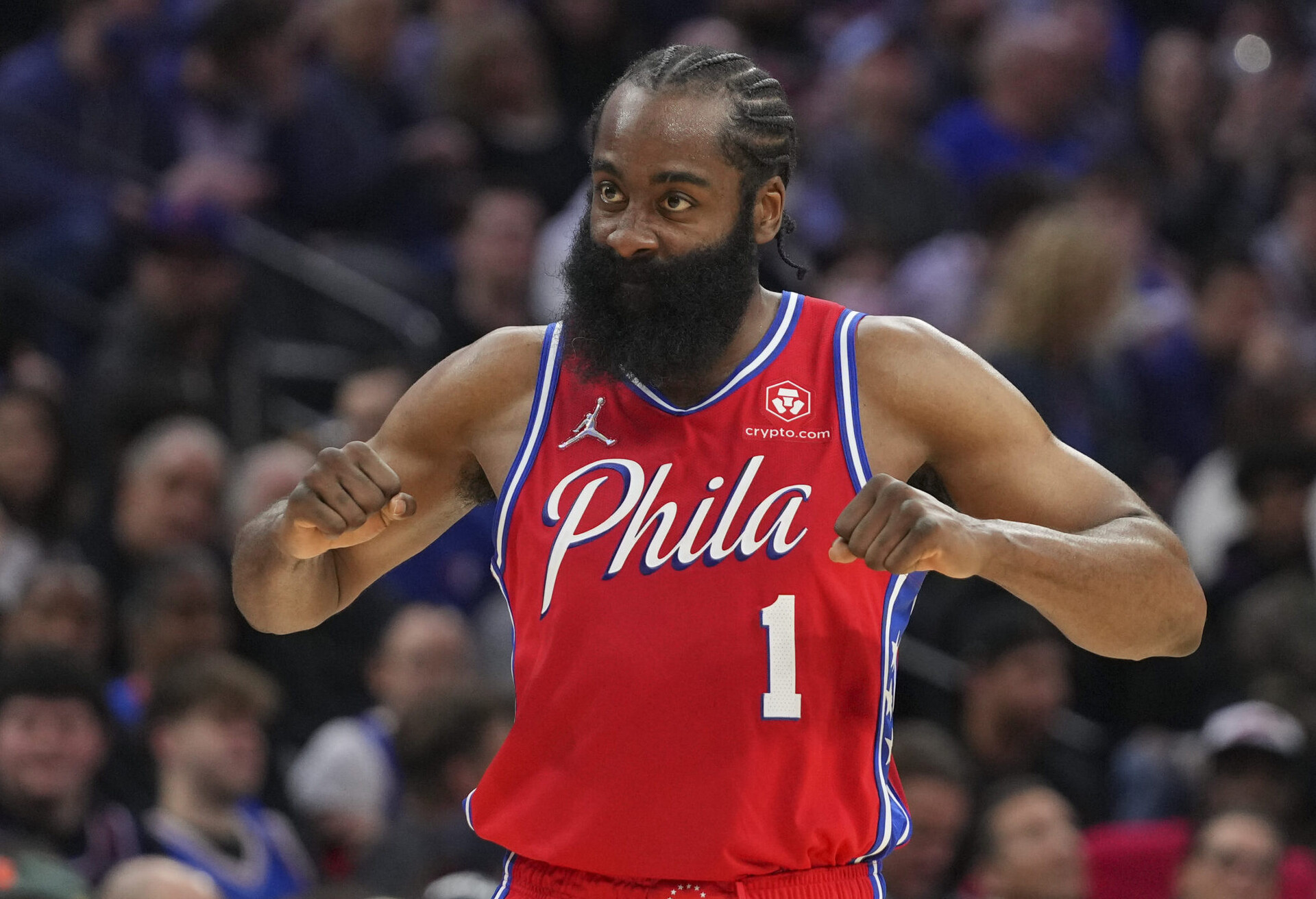 James Harden #1 of the Philadelphia 76ers reacts against the New York Knicks at the Wells Fargo Center on March 2, 2022 in Philadelphia, Pennsylvania. The 76ers defeated the Knicks 123-108.