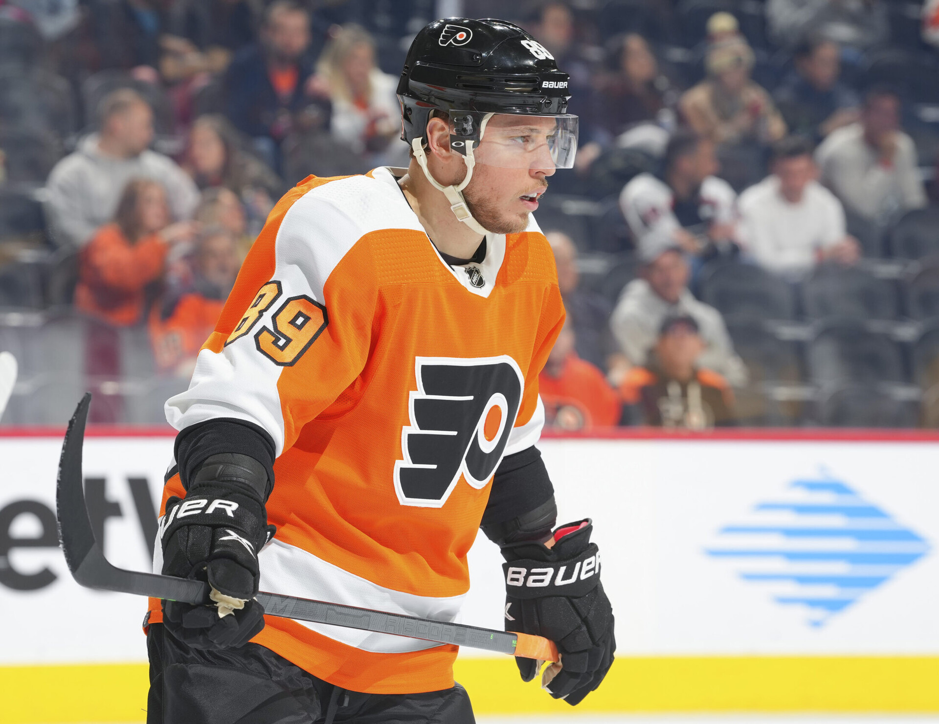 Cam Atkinson #89 of the Philadelphia Flyers looks on against the Minnesota Wild at the Wells Fargo Center on March 3, 2022 in Philadelphia, Pennsylvania.