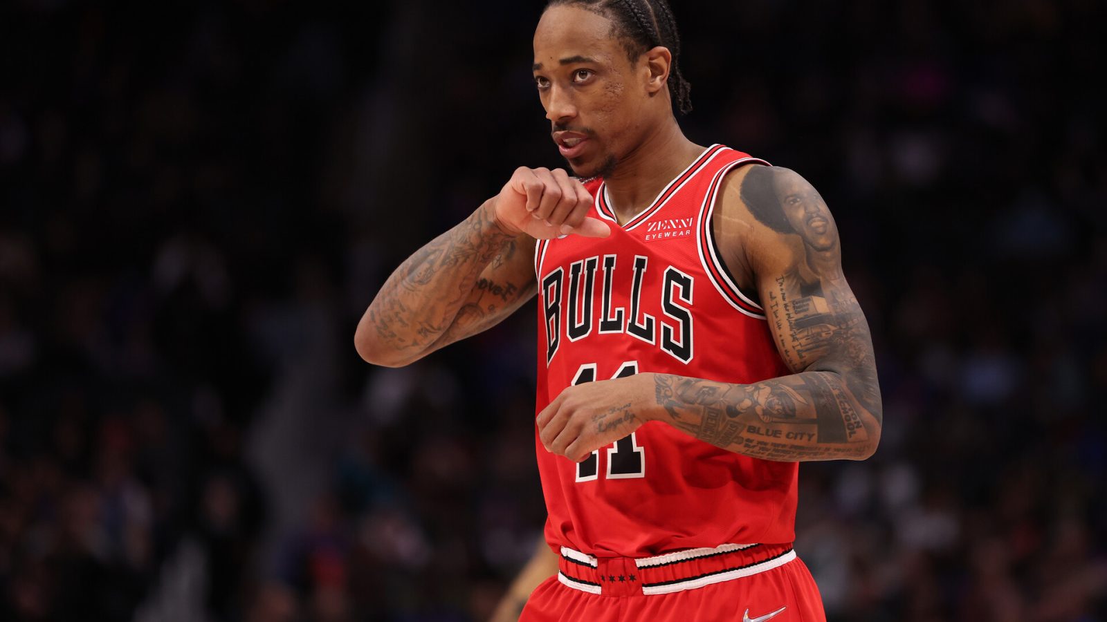 DeMar DeRozan #11 of the Chicago Bulls enters the game in the second half against the Detroit Pistons at Little Caesars Arena on March 09, 2022 in Detroit, Michigan. Chicago won the game 114-108.
